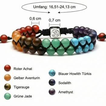 Doppelreihiges Chakra Edelstein Armband mit silbernem OM-Würfel von Manoja Esoterik für Yoga und Meditation.