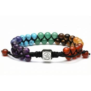 Preview: Doppelreihiges Chakra Edelstein Armband mit silbernem OM-Würfel von Manoja Esoterik für Yoga und Meditation.