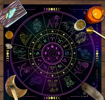 Alternativtext für Bilder: Tarot Sternzeichen Decke 75cm mit Tierkreiszeichen und Mondphasen – Spirituelle Tarot-Unterlage von Manoja-Esoterik