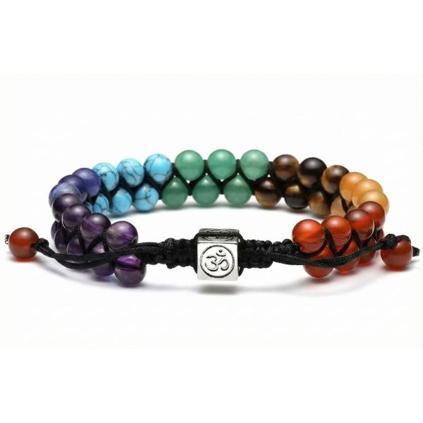 Doppelreihiges Chakra Edelstein Armband mit silbernem OM-Würfel von Manoja Esoterik für Yoga und Meditation.