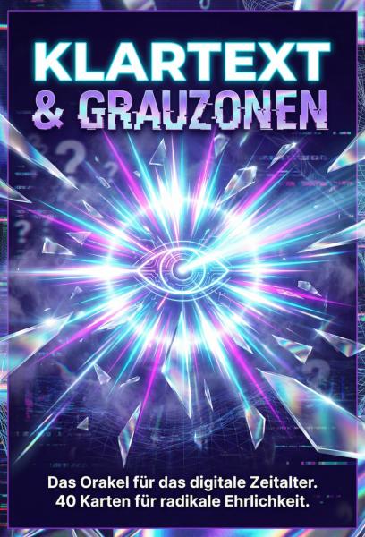 Modernes Orakeldeck "Klartext & Grauzonen" mit 40 Karten, Begleitbuch und holografischen Kanten in Cyberpunk Ästhetik auf dunklem Hintergrund.